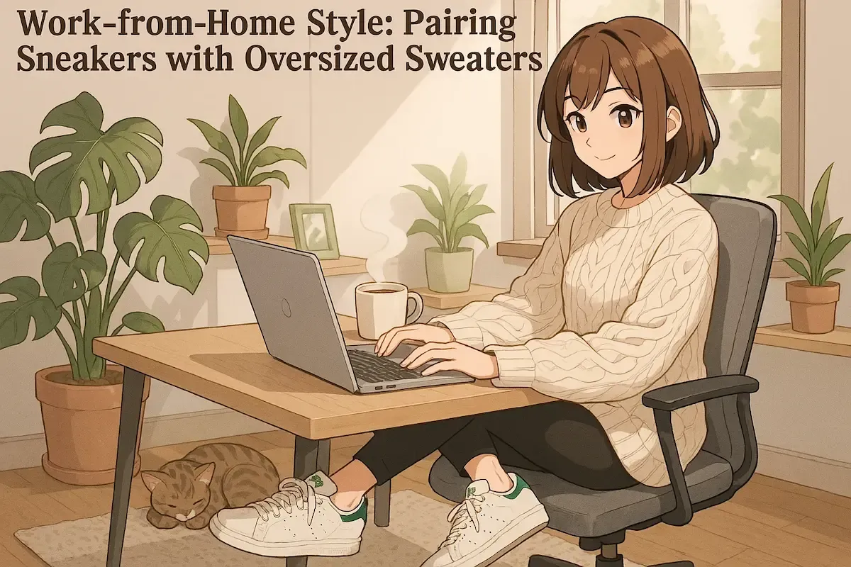 Anime character with brown bob hairstyle sitting at desk with laptop, wearing cream oversized cable-knit sweater, black leggings, and white Adidas Stan Smith sneakers with green detailing. Home office setting with plants and sleeping cat.