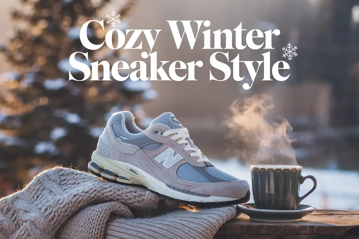 Cozy winter scene with New Balance sneakers, knit sweater, and coffee cup arranged on snowy deck with golden morning light and text overlay reading COZY WINTER SNEAKER STYLE
