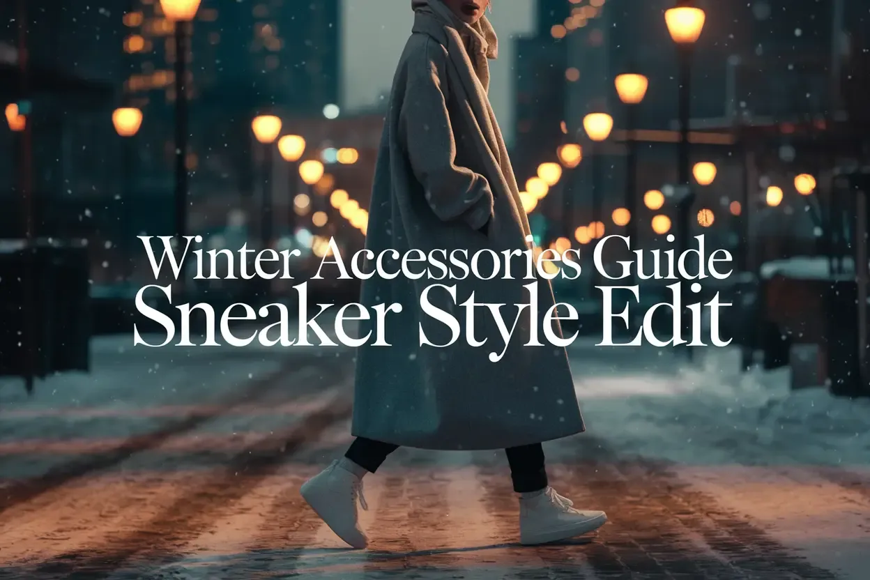 Person walking in grey winter coat and white sneakers on snowy urban street at dusk, illuminated by warm glowing street lamps. Text overlay reads Winter Accessories Guide Sneaker Style Edit in elegant serif font