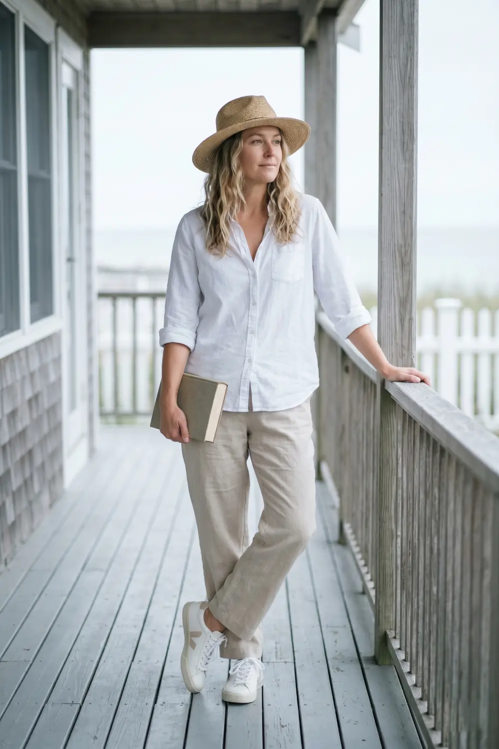 Woman embracing Coastal Grandmother style with Veja Campo breathable mesh sneakers and an oversized white cotton shirt.