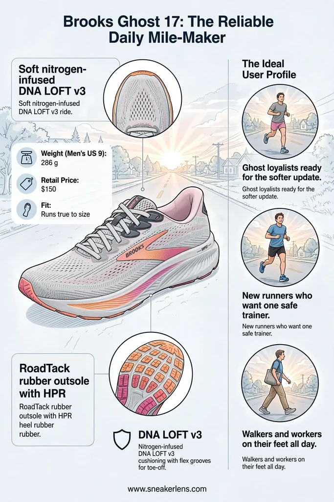 Infografía de los Brooks Ghost 17 con su amortiguación DNA LOFT v3, drop de 10 mm, ajuste fiel a la talla con mediopié seguro y usuarios ideales como corredores diarios y caminantes.