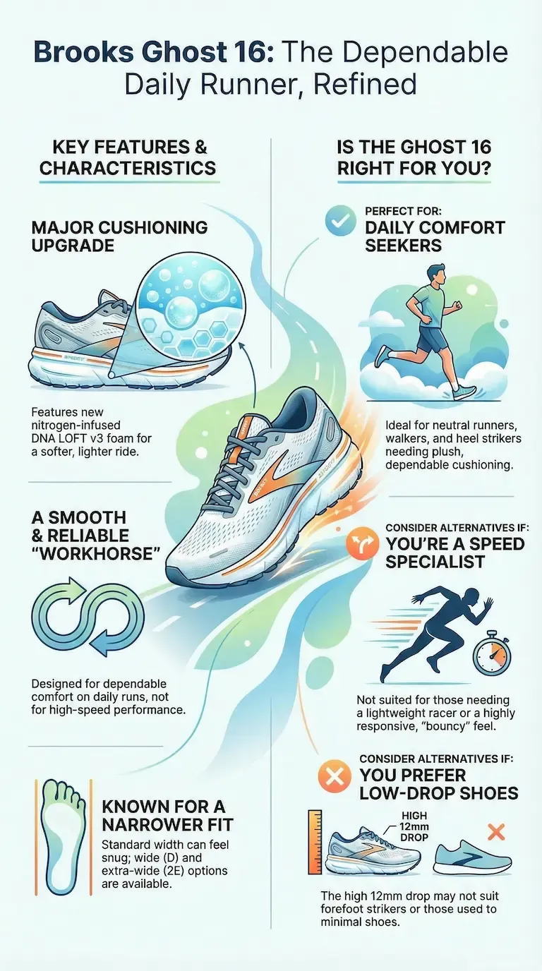 Brooks Ghost 16 infographic highlighting cushioning upgrade with DNA Loft v3 foam, smooth daily-run performance, narrower fit, 12mm drop, and ideal use cases.