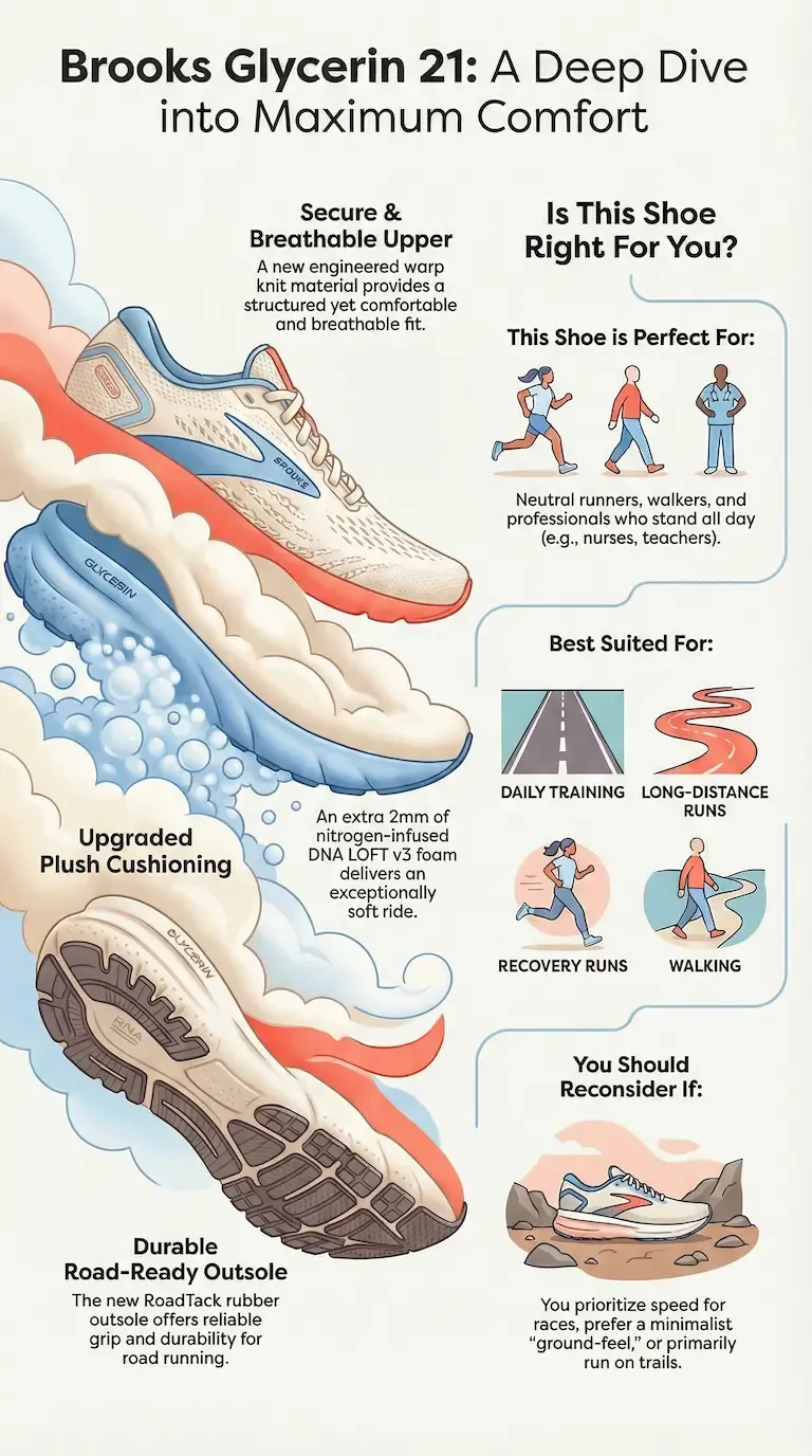 Infographic detailing the features of the Brooks Glycerin 21 running shoe, highlighting the engineered warp knit upper, nitrogen-infused DNA LOFT v3 cushioning, and RoadTack outsole, along with ideal runner profiles for daily training and recovery runs.