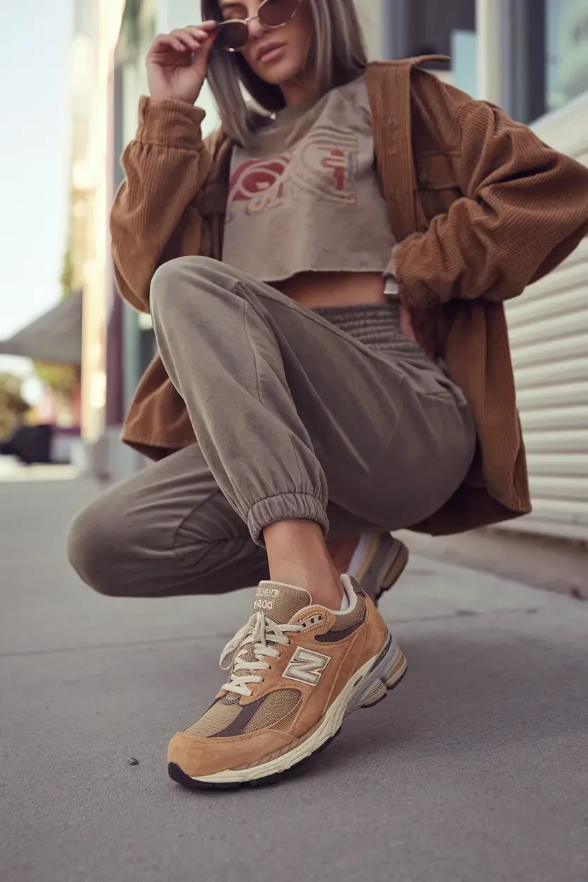 Woman in brown corduroy jacket and gray joggers wearing brown New Balance sneakers in urban setting