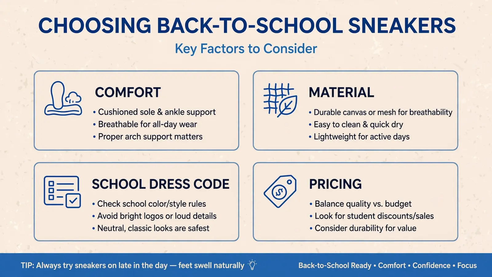 An image illustrating comfort, material, dress code compliance, and budget tips for school sneakers.
