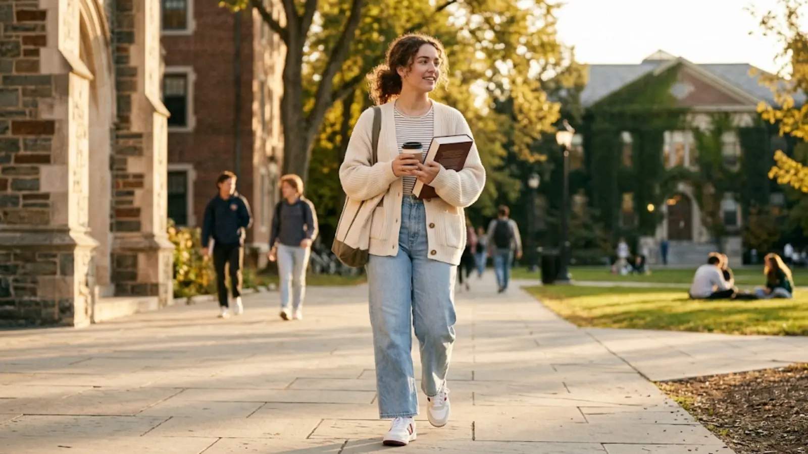 Student wearing comfortable retro-inspired lifestyle sneakers on a sunny campus back-to-school backdrop