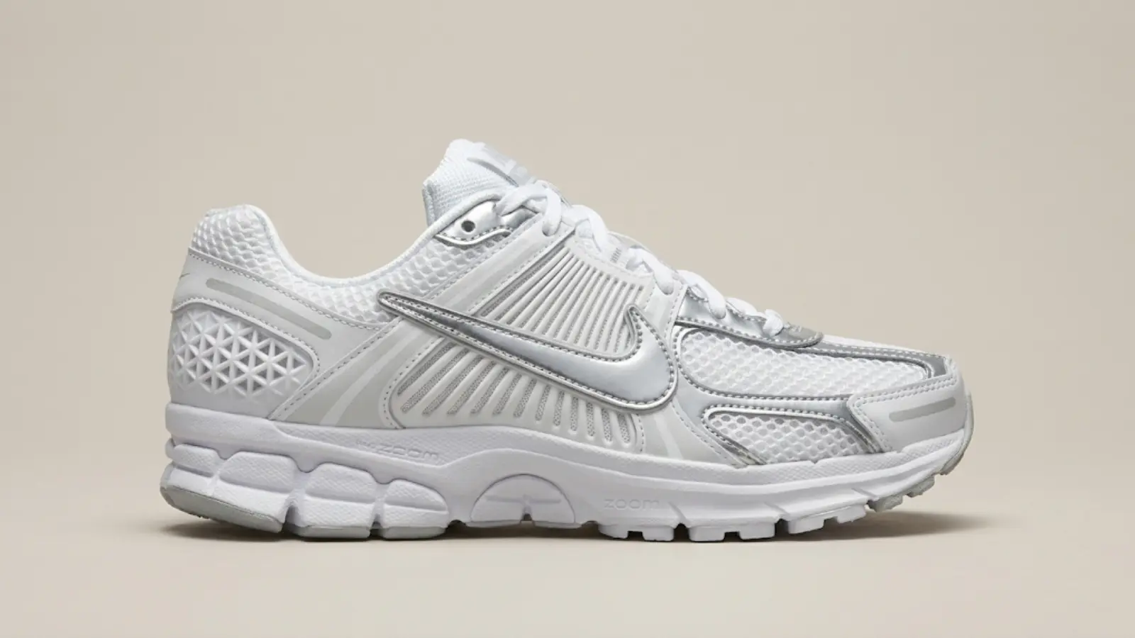 Nike Zoom Vomero 5 white and metallic silver technical runner for all-day comfort