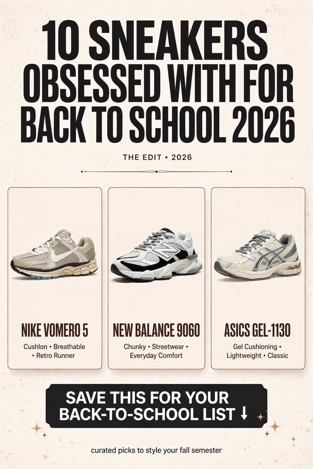 Pinterest pin design featuring top back-to-school sneakers for 2026