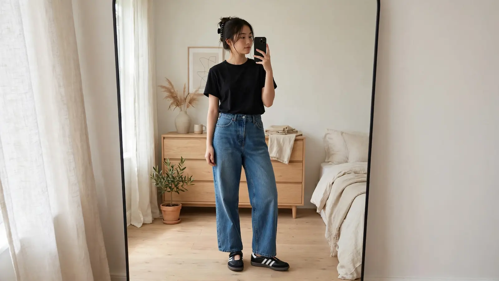 White Adidas Samba Jane mary-jane style sneakers with blue jeans