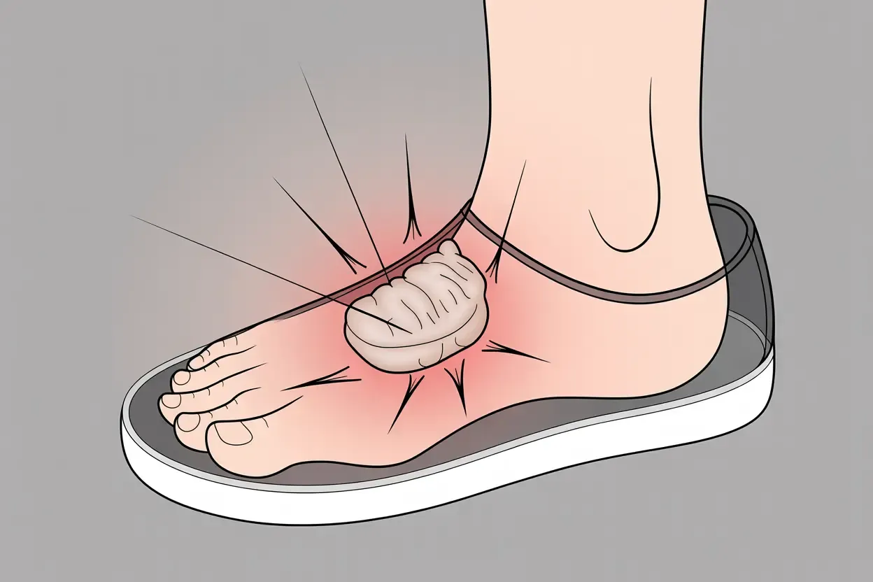 Illustration of a foot with a bunion inside a sneaker, showing pressure points on the bunion and toes.