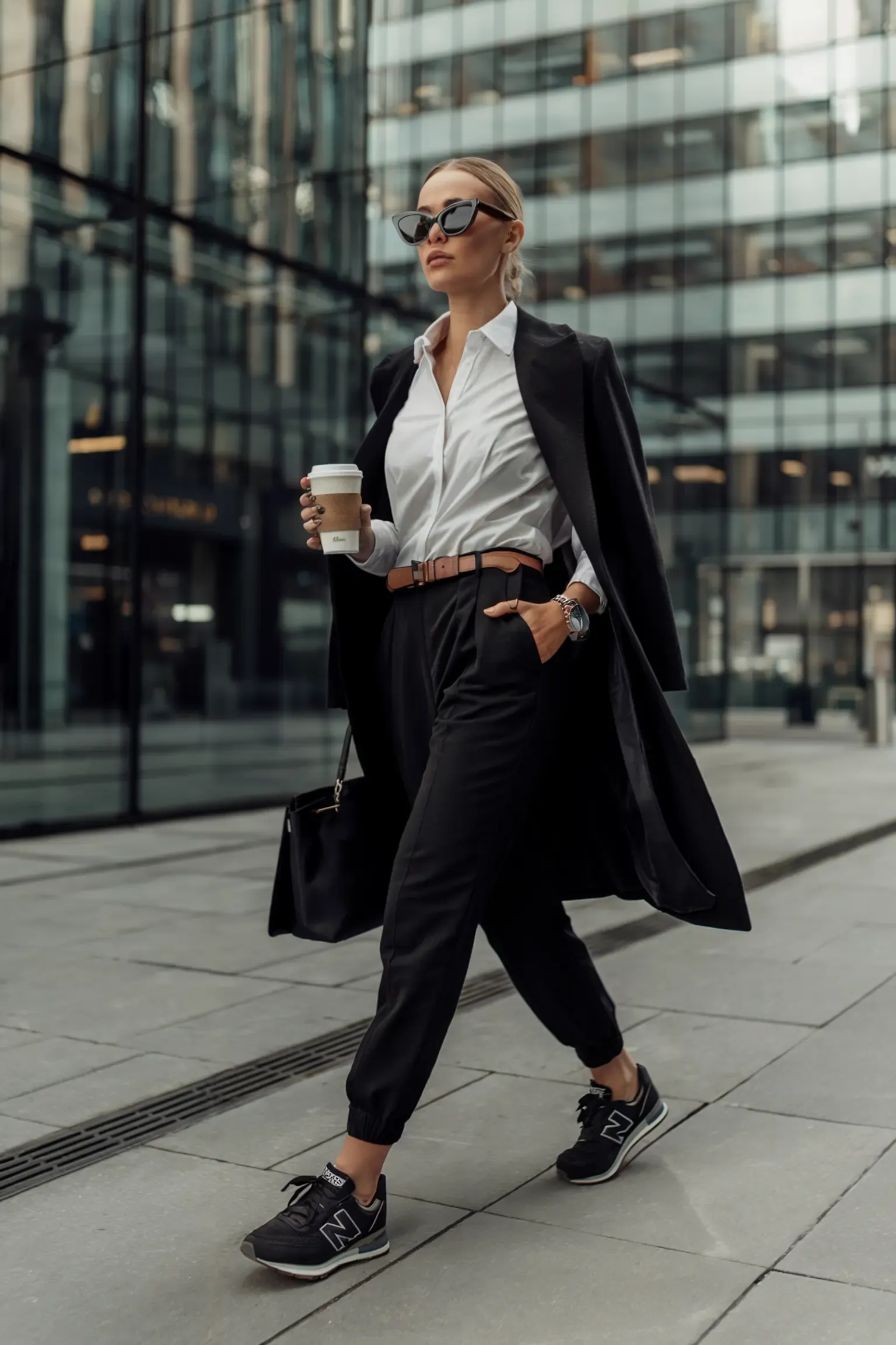 Woman in professional athleisure outfit featuring black joggers, white button-down shirt, and long black coat, paired with black New Balance sneakers and leather tote, demonstrating elevated street style