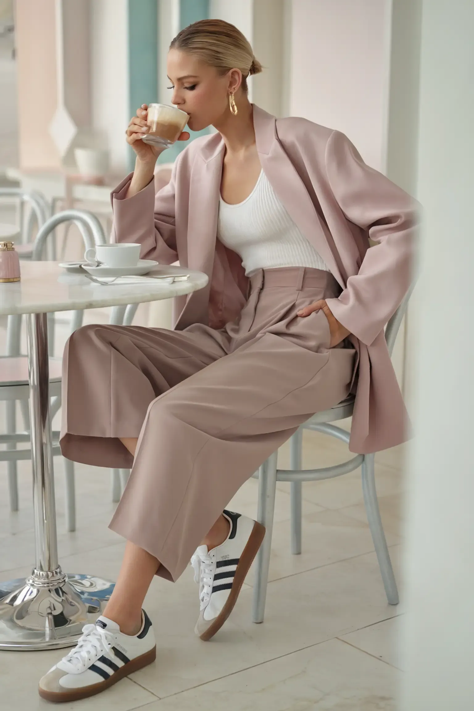 Modern business casual look with oversized pink blazer, wide-leg trousers, white ribbed tank and white Adidas Samba sneakers, person sitting at cafe table with latte