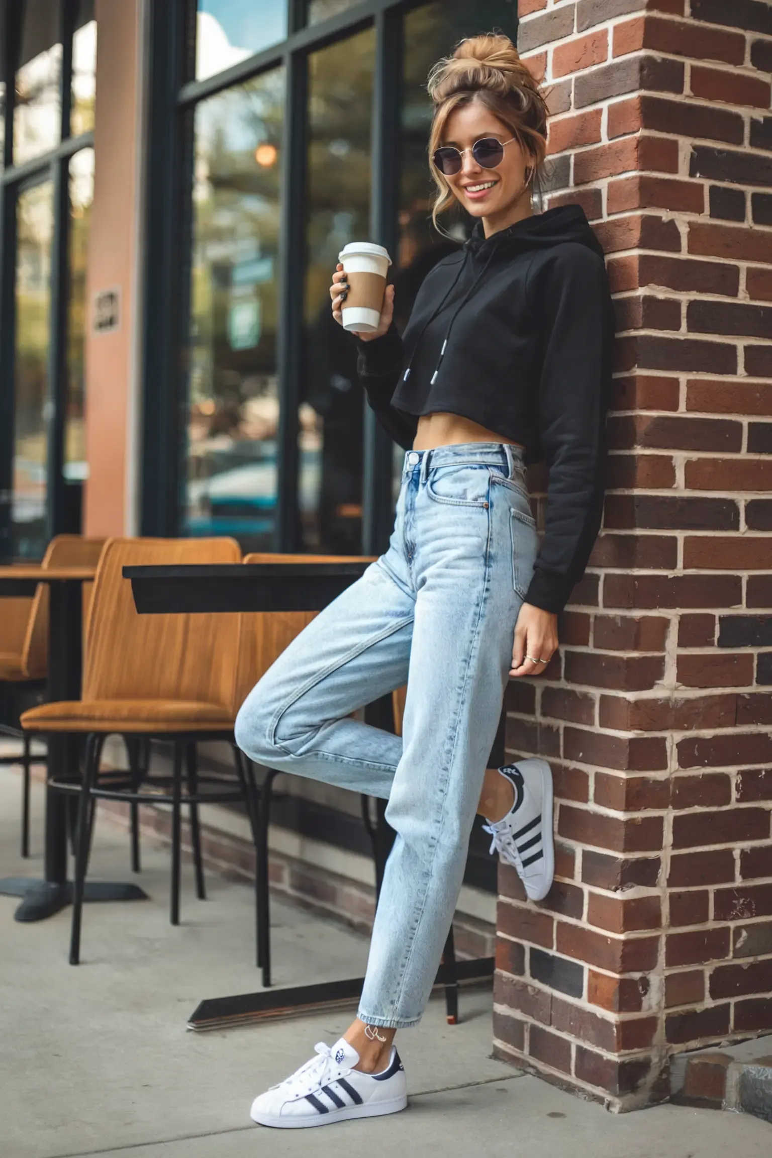 Person leaning against brick wall outside café, wearing cropped black hoodie and high-waisted light wash jeans, styled with Adidas Superstar sneakers and round sunglasses