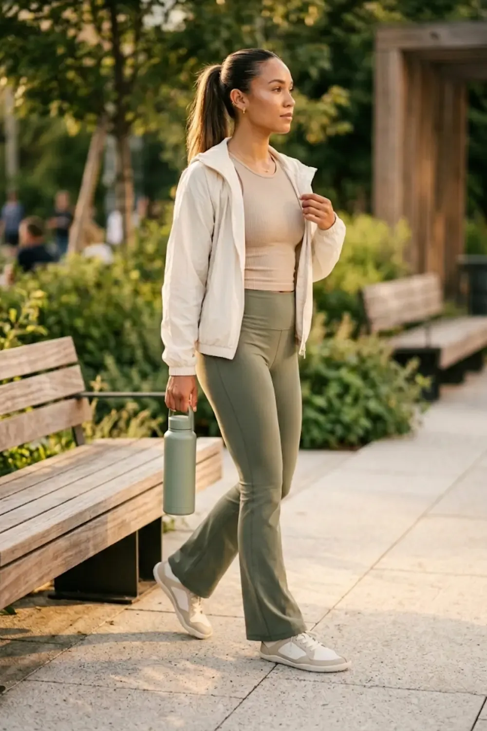 A wellness-focused woman in an elevated athleisure look, emphasizing comfort and mobility.