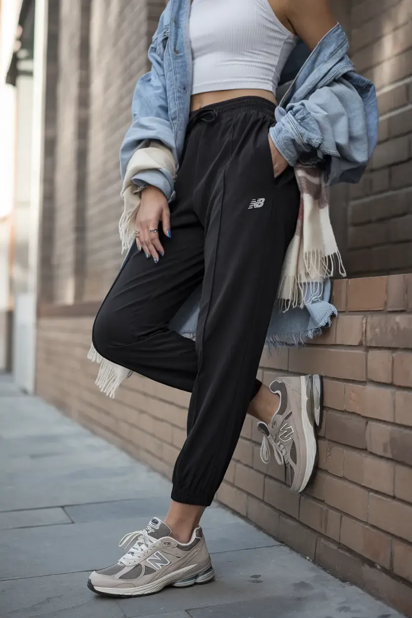 Detail shot of black New Balance joggers styled with denim jacket and white crop top