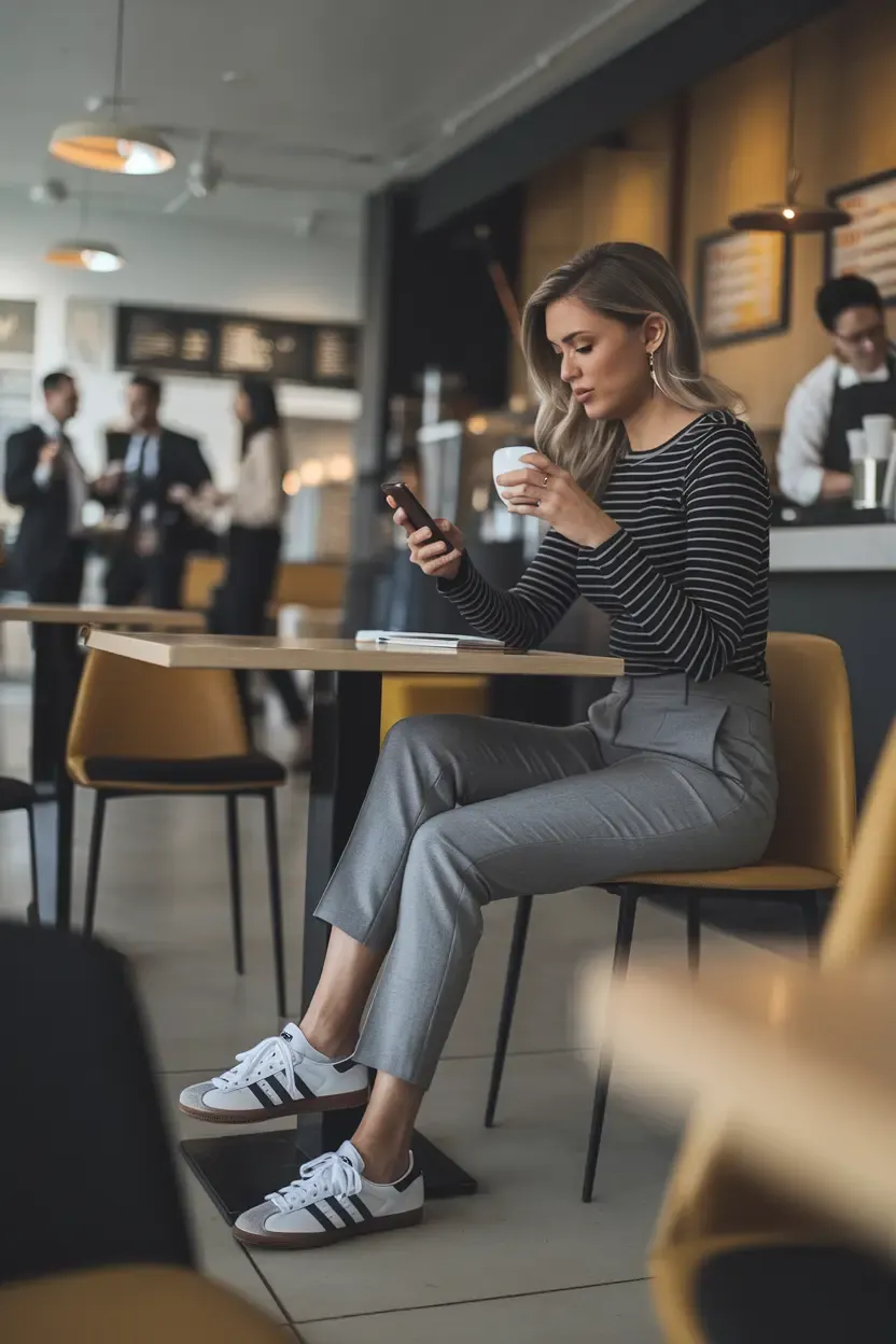 Professional woman in striped top and gray tailored pants working at coffee shop, wearing classic Adidas sneakers