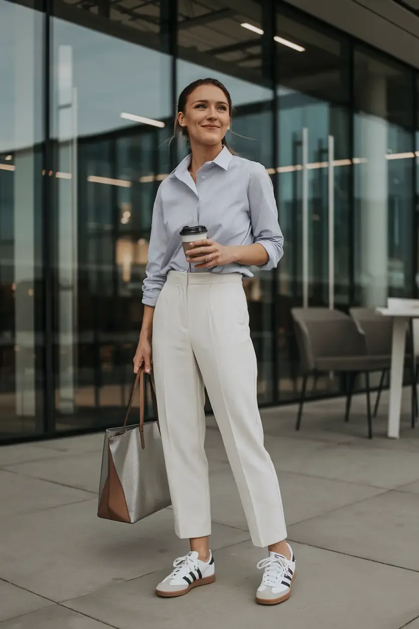 Professional woman in white tailored pants and striped button-down carrying structured tote, styled with white Adidas sneakers