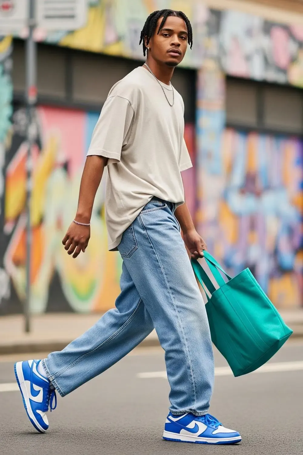 Man making a statement with colorful Nike Dunk Lows, light-wash wide-leg jeans, and a neutral top.