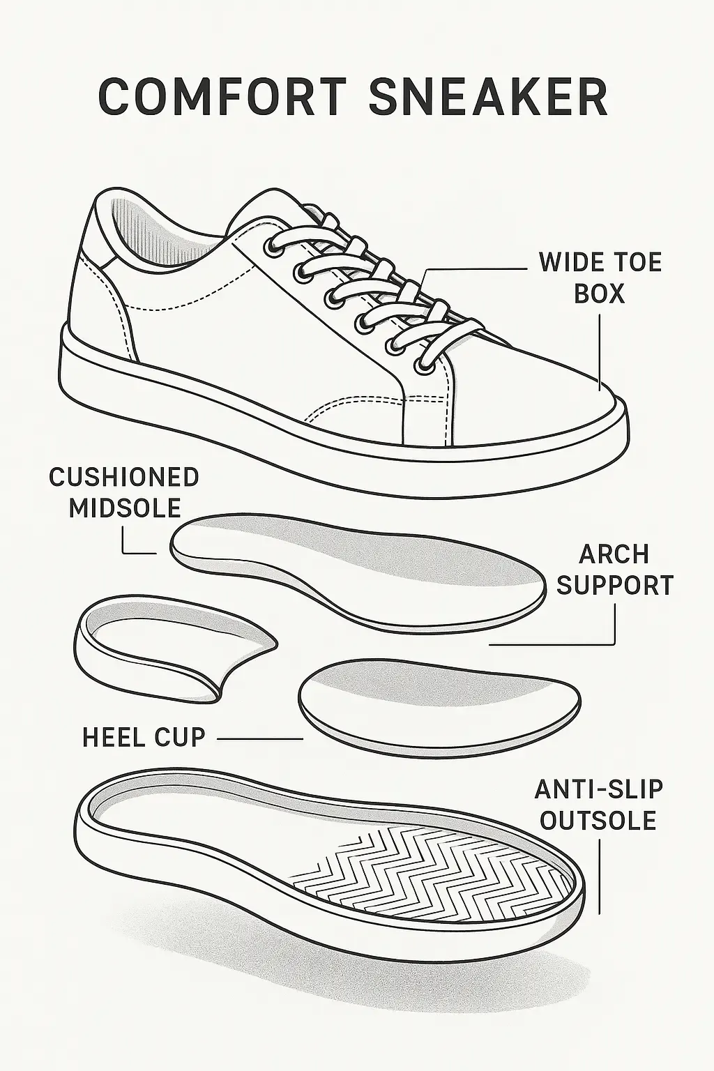 Technical diagram of essential comfort sneaker components including wide toe box, cushioned midsole, heel cup, arch support, and anti-slip outsole that contribute to all-day standing comfort