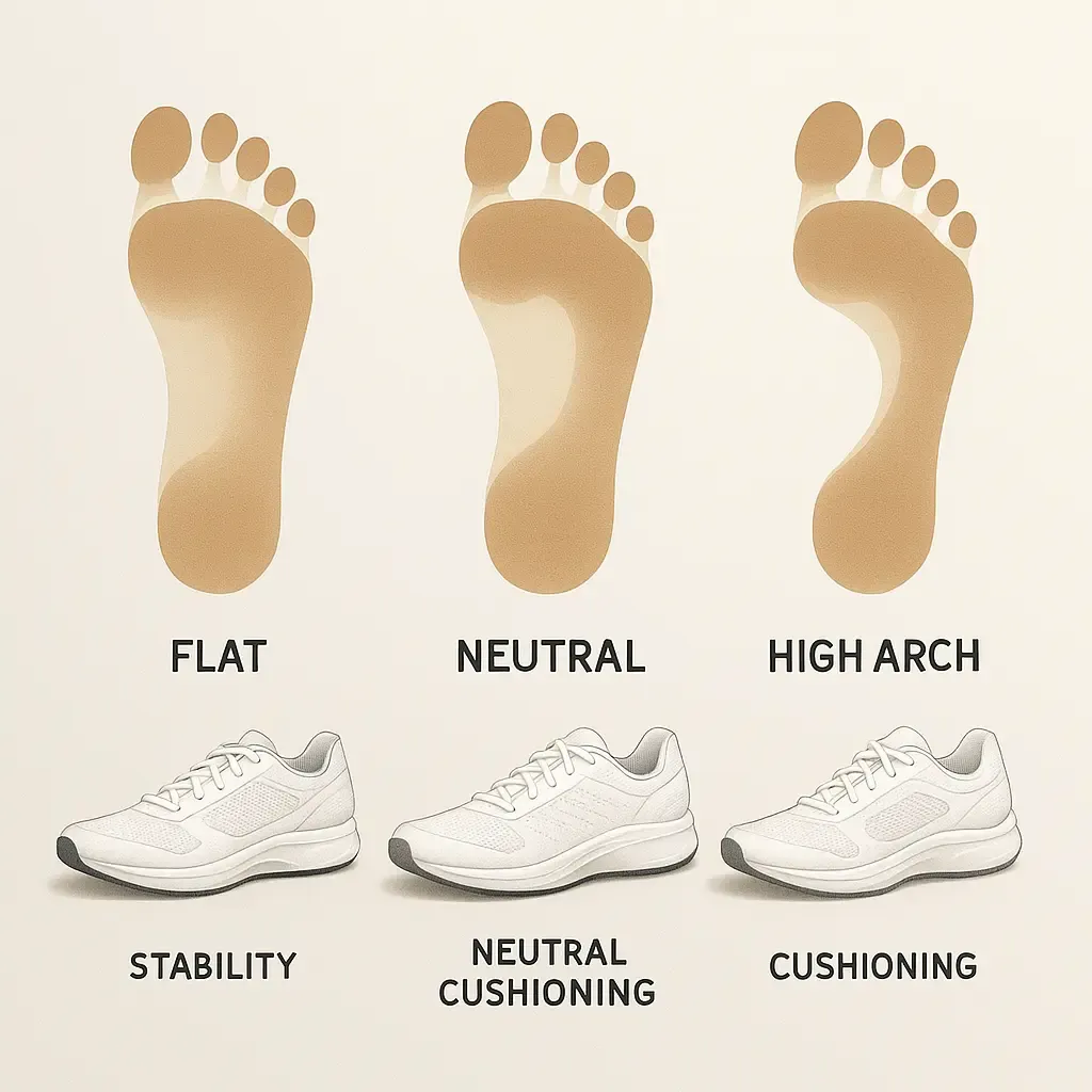 Diagram showing three foot arch types (flat, neutral, and high) with corresponding recommended shoe features for each type to optimize comfort when standing all day
