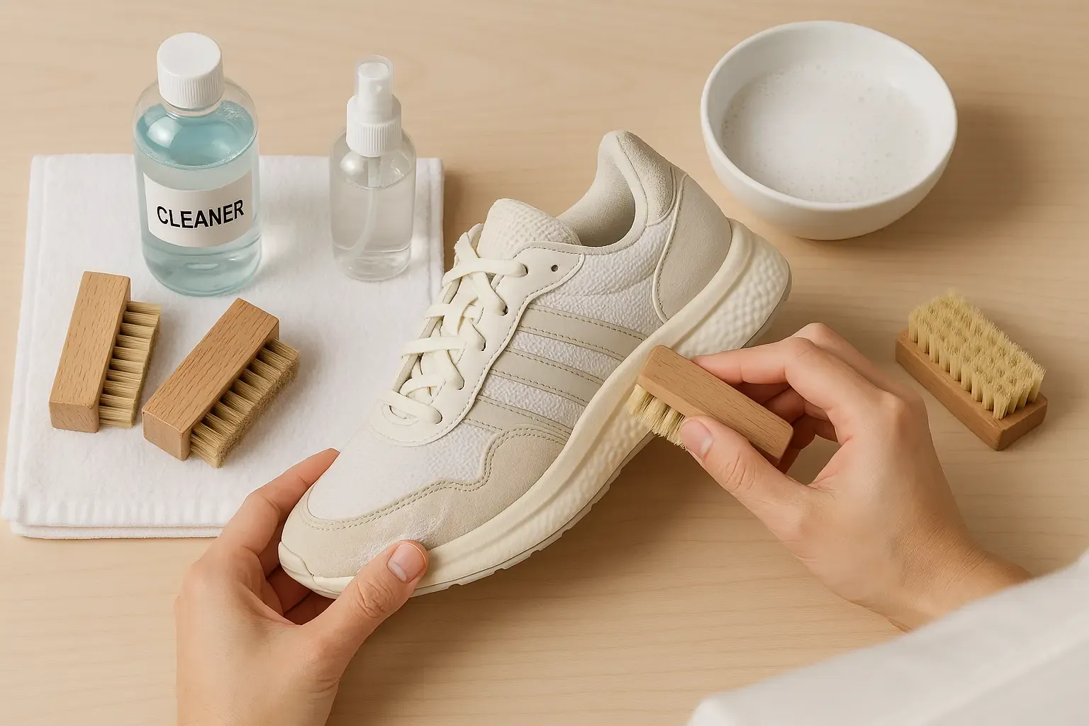 Step-by-step sneaker cleaning process showing proper techniques with brush, cleaner, and baking soda for maintaining comfort sneakers for maximum lifespan