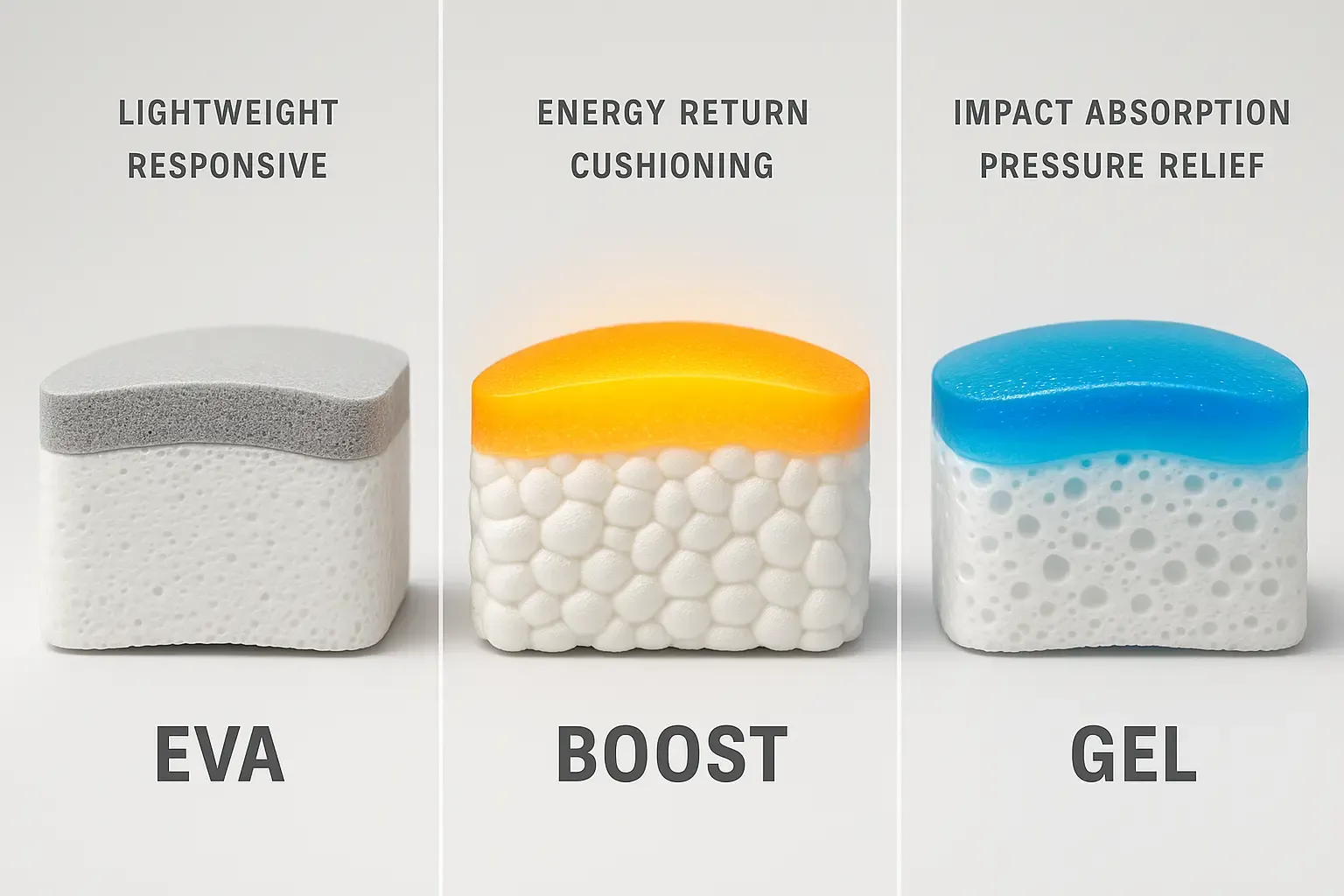 Cross-section comparison of three main cushioning technologies (EVA, BOOST, and GEL) used in standing shoes, highlighting their specific benefits for different support needs