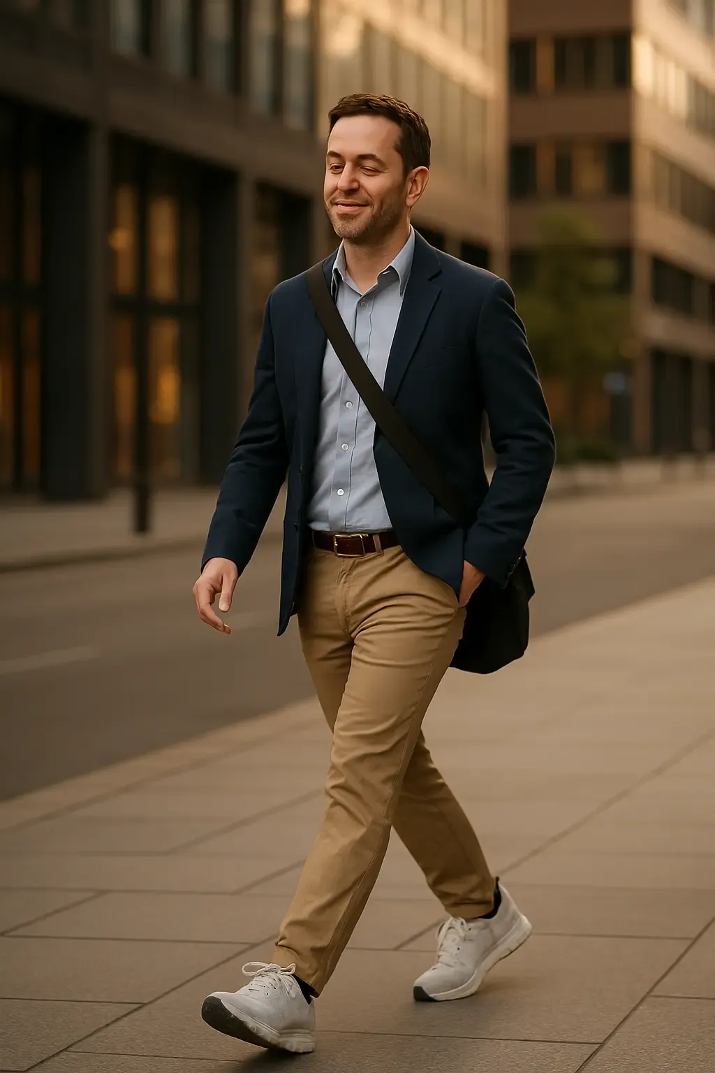 Business professional walking comfortably in white sneakers while wearing business casual attire, demonstrating how proper footwear supports an active workday