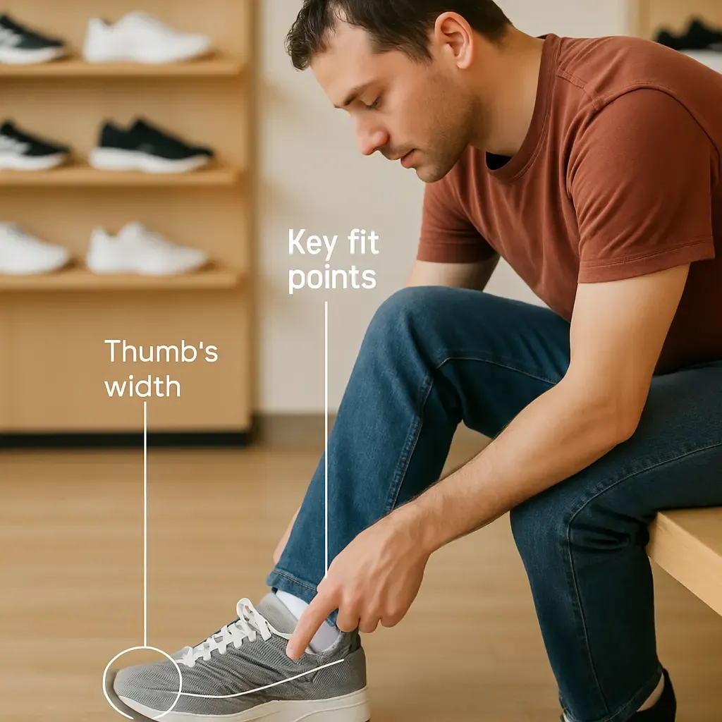 Person checking key fit points including thumb's width space at toe area when trying on comfort sneakers, essential for preventing discomfort during all-day standing