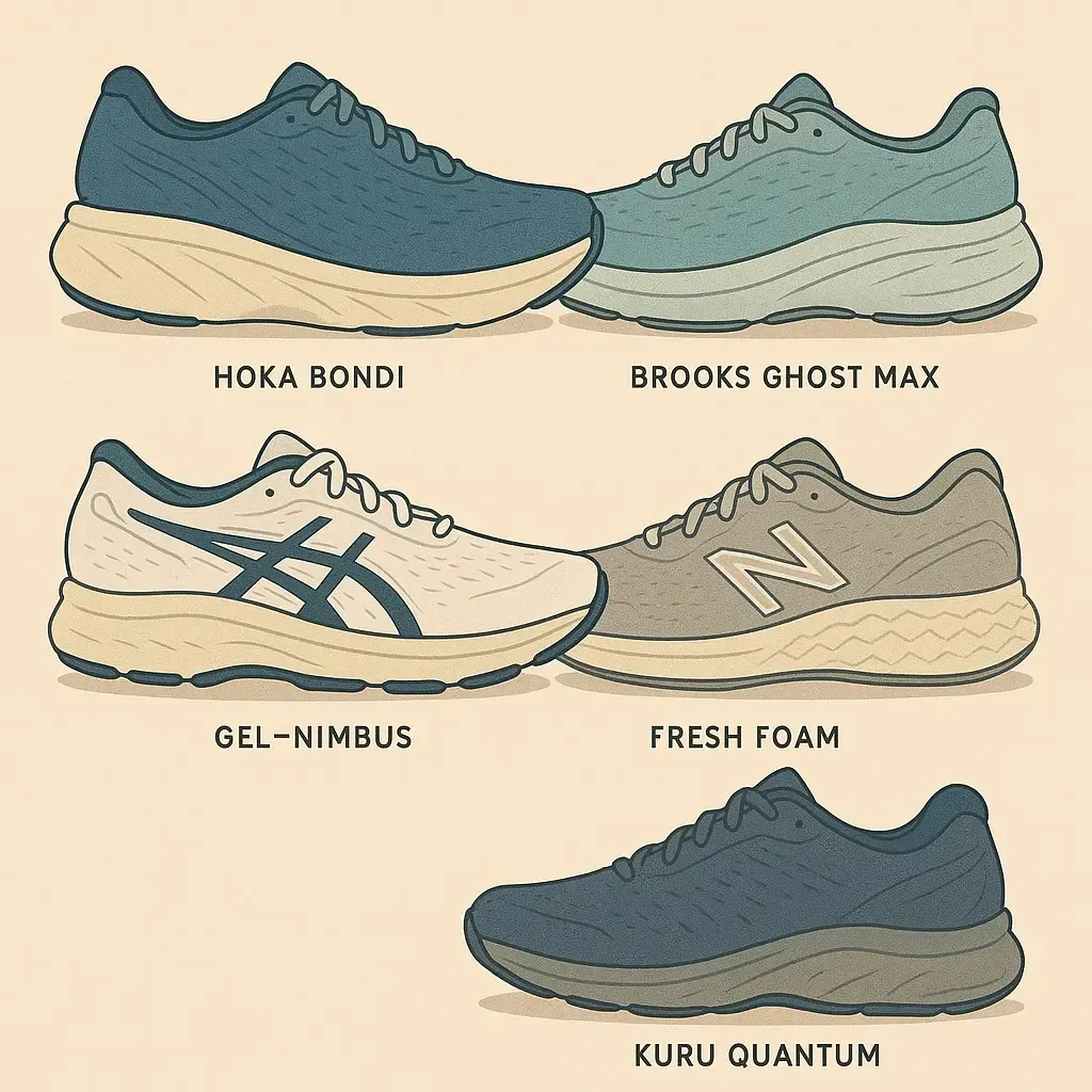 Simplified illustration comparing top-rated standing shoes including Hoka Bondi, Brooks Ghost Max, ASICS GEL-NIMBUS, New Balance Fresh Foam, and KURU QUANTUM with their distinctive profiles