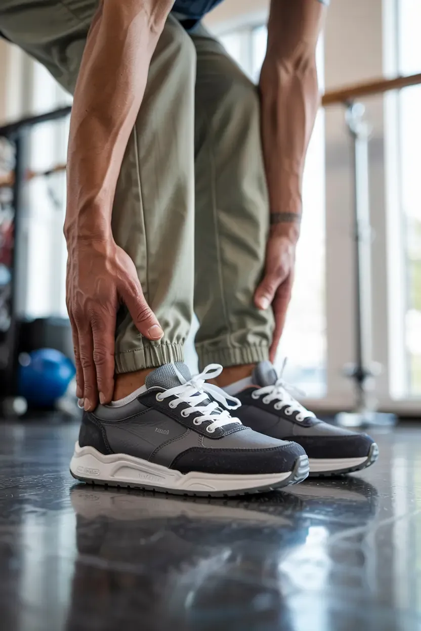 Close-up of a person's hands adjusting the cuffs of olive green jogger pants while wearing gray and white athletic shoes in a fitness studio setting.