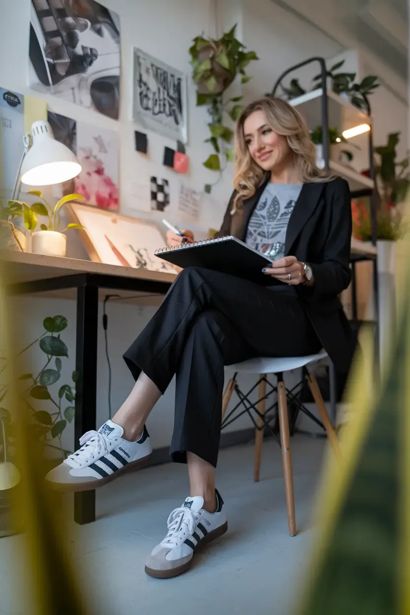 Woman in black blazer and graphic tee working in creative office space, wearing white Adidas sneakers