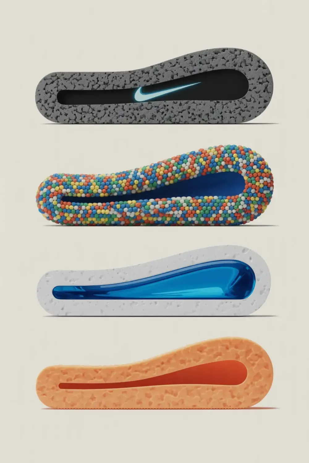 Diagram showing cutaway views of four different sneaker cushioning technologies: a Nike Air unit, Adidas Boost pellets, an ASICS Gel insert, and Nike React foam.