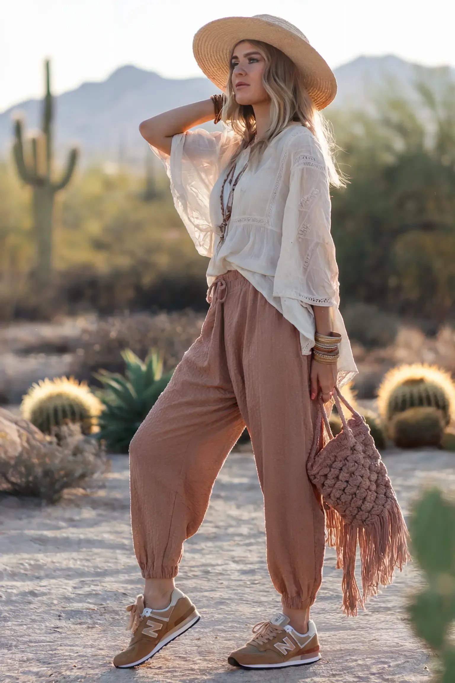 Woman in white peasant blouse and dusty rose joggers against desert landscape with cacti, wearing tan New Balance sneakers, accessorized with wide-brim hat and macrame bag, capturing bohemian athleisure style