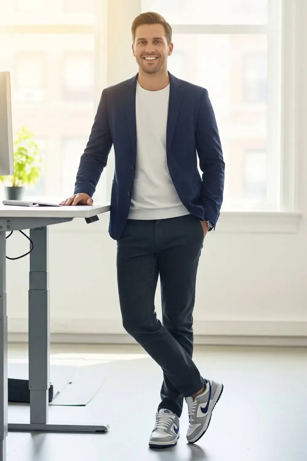 A man wearing a navy blazer, white shirt, dark chinos, and clean white Nike Dunk Lows with a subtle color accent.