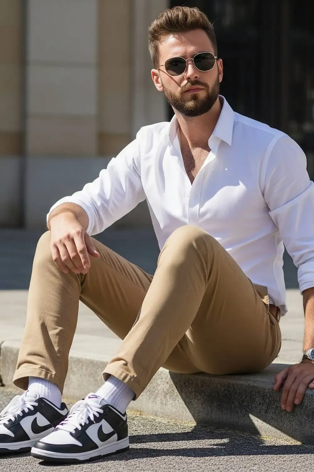 A man confidently wearing slim-fit khaki chinos, a white Oxford shirt, and clean black and white Nike Dunk Lows in an office-like setting.