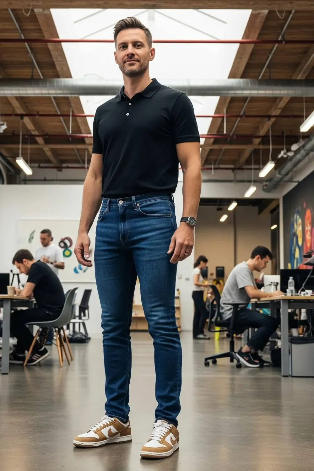 A man in a smart casual office wearing dark wash slim-fit jeans, a black polo shirt, and neutral-toned Nike Dunk Lows.