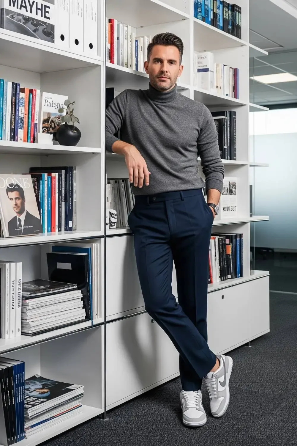 A man styled in navy tailored trousers, a grey merino wool turtleneck, and grey Nike Dunk Lows, looking sophisticated.