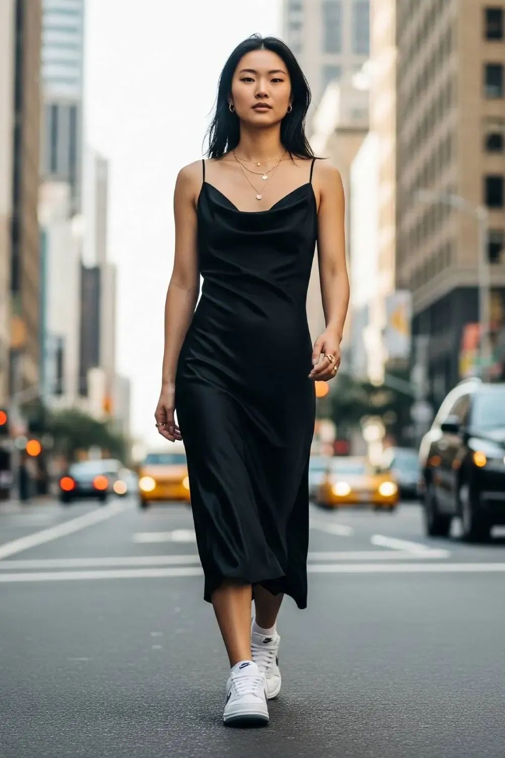 A person stylishly pairing Triple-White Dunks with a minimalist black dress for a chic, casual look.