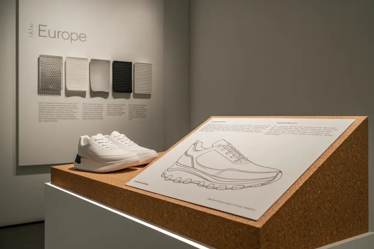 Clean museum exhibit showcasing sneakers with design diagrams and material samples.