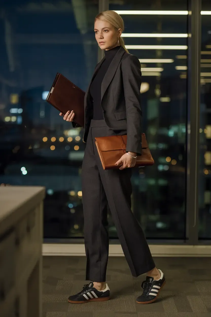 Executive in black suit and turtleneck with leather accessories and white Adidas sneakers in modern office setting