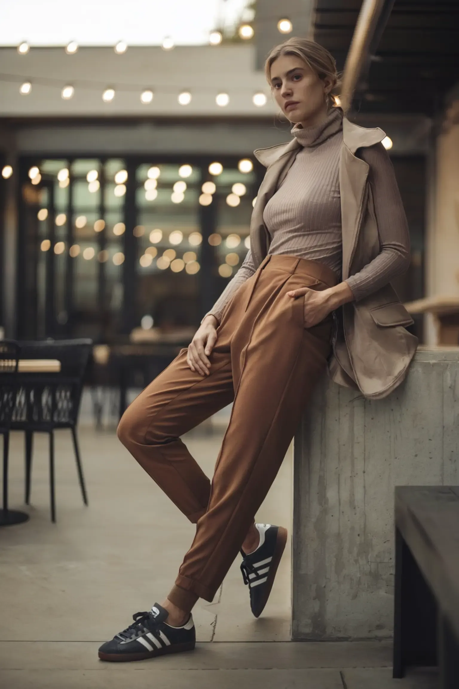 Urban evening look with tan joggers, fitted turtleneck, beige coat and white Adidas Samba sneakers, person leaning against concrete pillar with string lights in background
