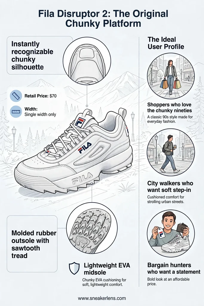 Chunky white leather Fila Disruptor 2 sneakers with a tall sawtooth platform sole and bold logos, made for streetwear fans on a budget.