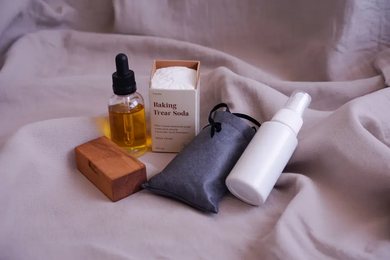 Flat lay image showing various foot odor prevention items including baking soda, tea tree oil, cedar, charcoal bags, and shoe spray.