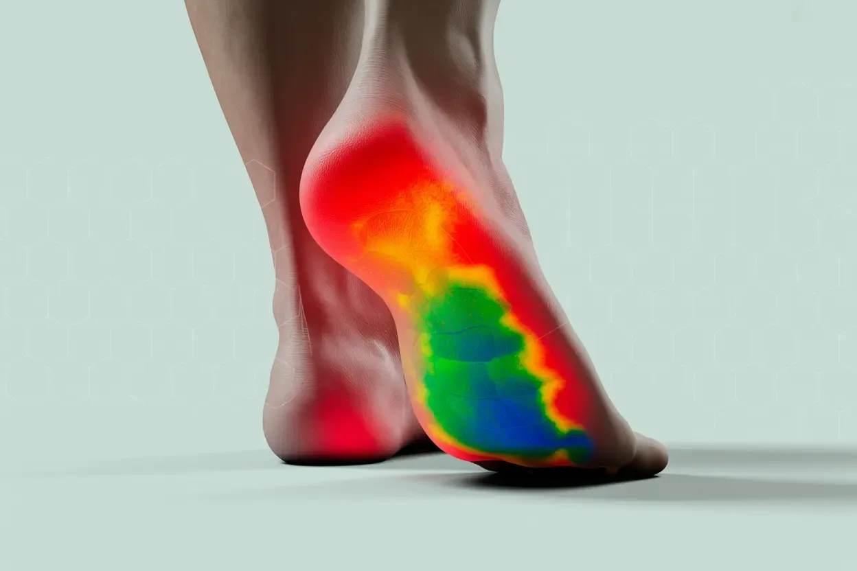 An illustration of a foot's sole showing a pressure map, with hot colors indicating high pressure points and cool colors showing lower pressure areas.