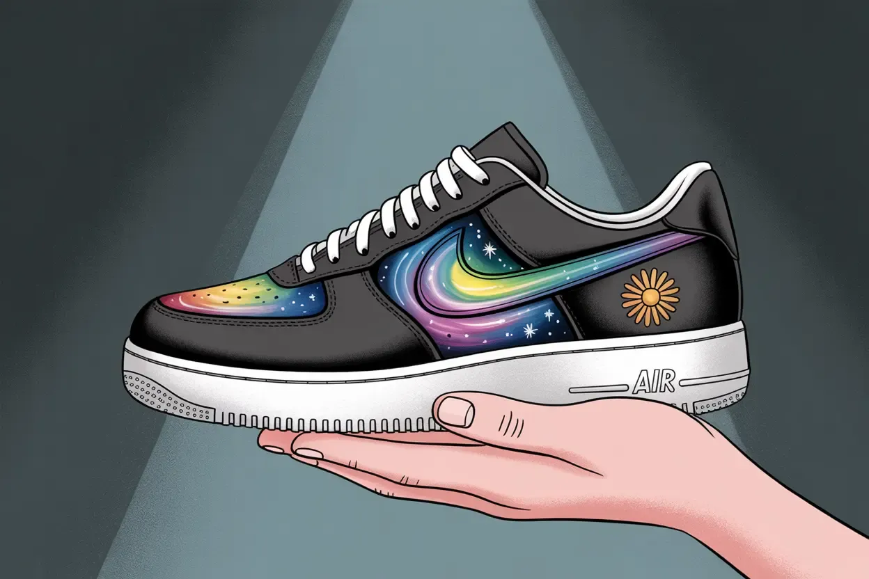 Conceptual illustration of a black leather sneaker wearing away to reveal colorful art and featuring a daisy symbol, representing a famous idol collaboration.