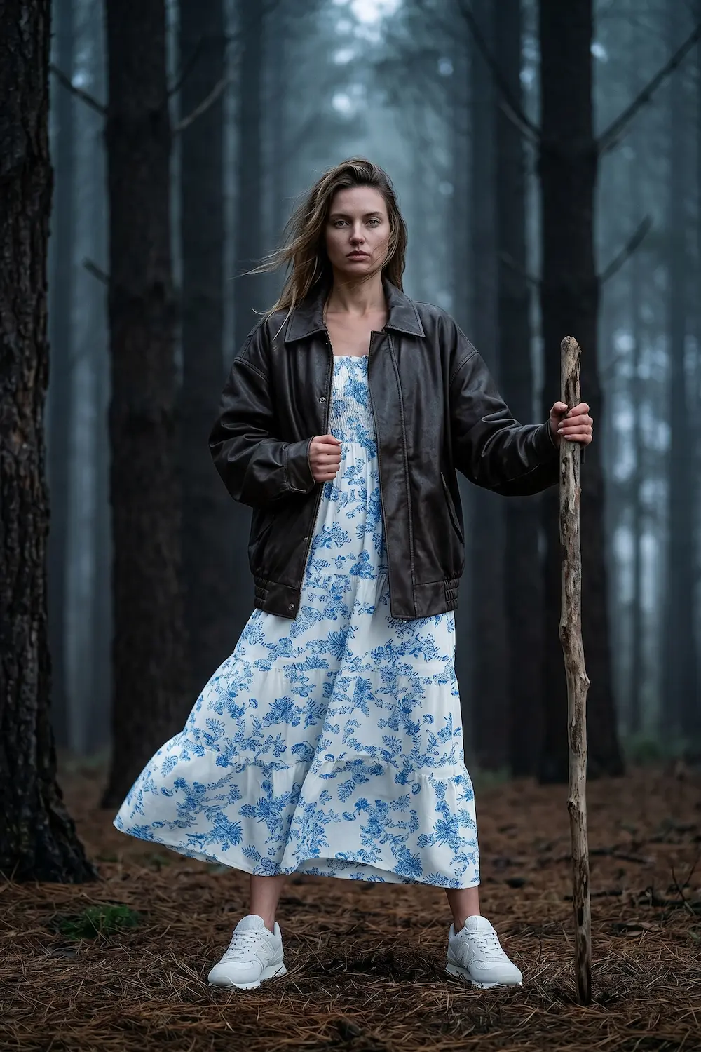 A sea salt white floral maxi dress layered under a vintage bark brown leather jacket with NB 574 sneakers.