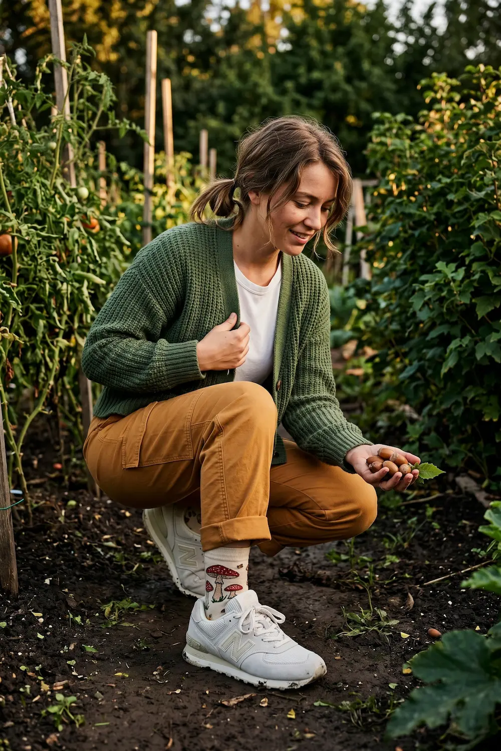Warm ochre cargo pants, a fern green chunky cardigan, mushroom crew socks, and NB 574 sneakers.
