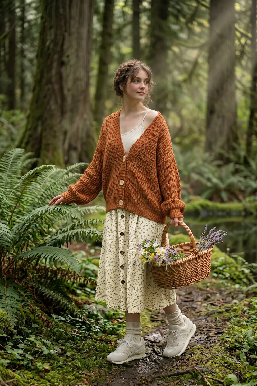 A gardener standing on a damp late spring path wearing a textured ditsy floral linen skirt and New Balance 574 sneakers.