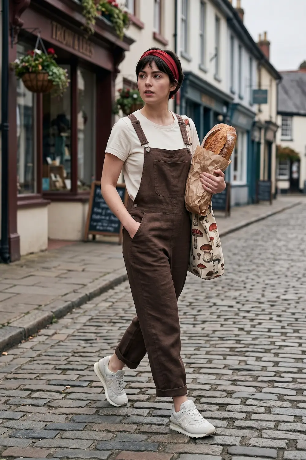 Bark brown linen overalls, a mushroom-print canvas foraging tote, and Grey/Calcium New Balance 574s on a mossy path.