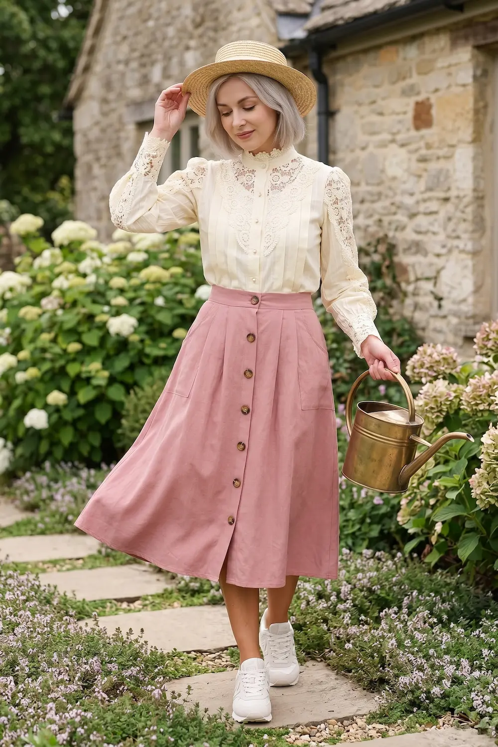 A textured dusty rose linen skirt paired with a cream lace blouse and Grey/Calcium New Balance 574 sneakers.